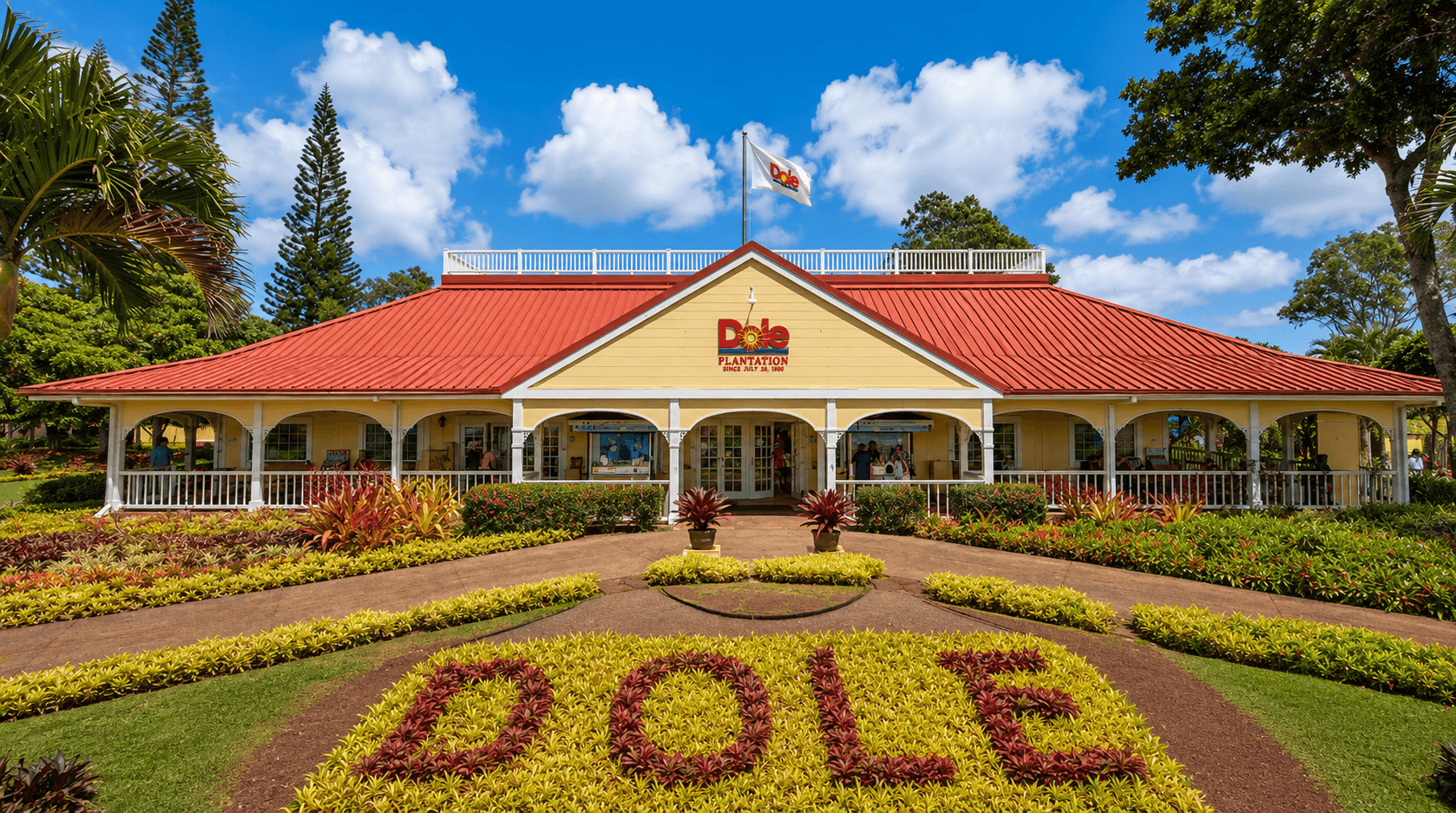 The Dole Plantation Country Store building with its landscaped entrance