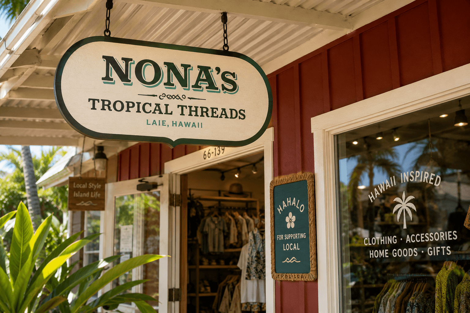 Nona’s Tropical Threads hanging storefront sign above the shop entrance