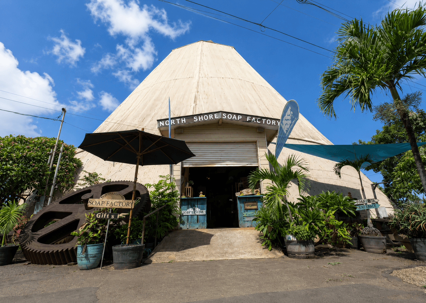 North Shore Soap Factory's distinctive pyramid-roofed building and entrance signage